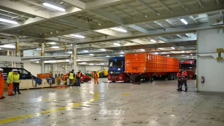 Semi trailers stowed below deck